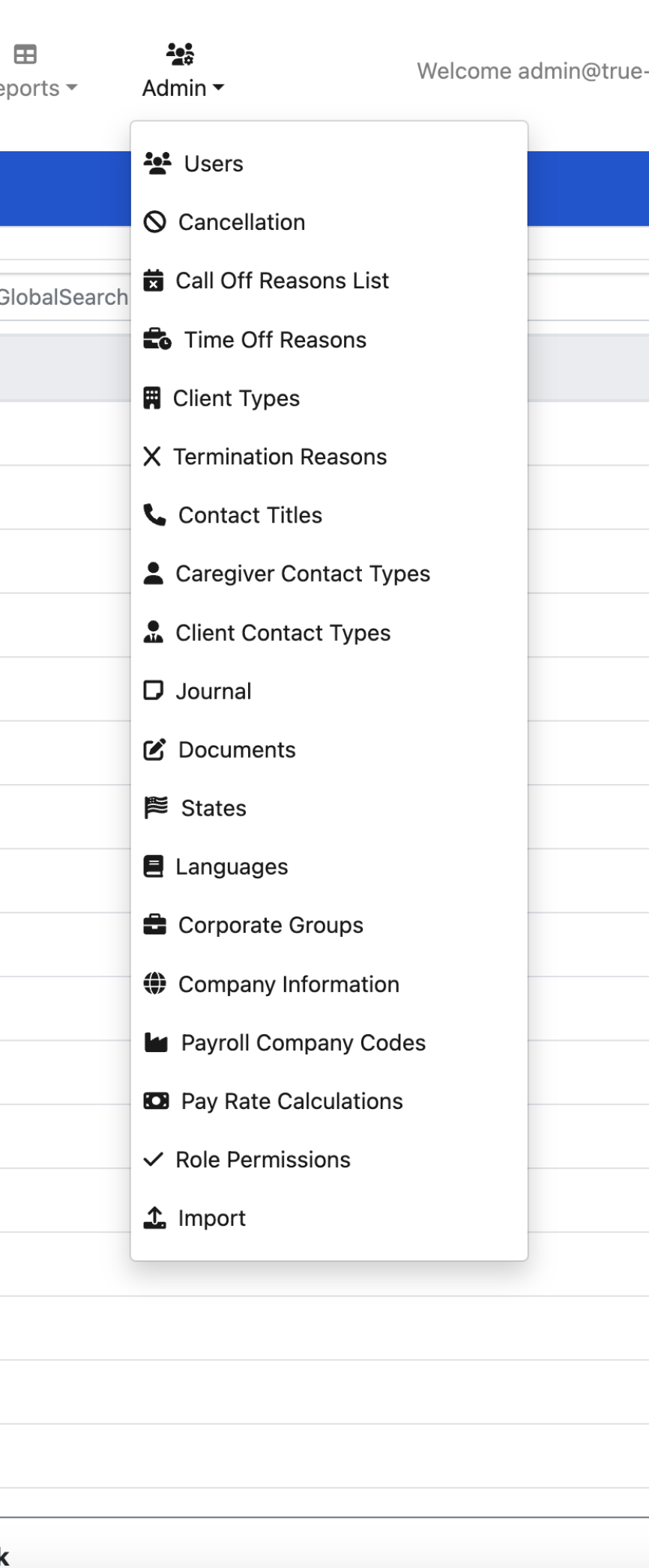 The Admin dropdown with 18+ items